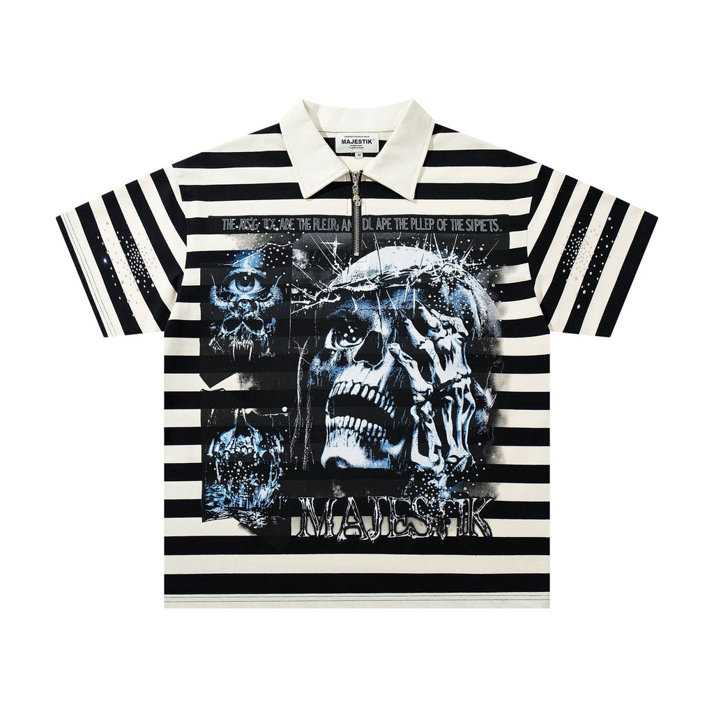 MAJESTIK Skull Graphic Striped Zip-Collar T-Shirt ¡ª hero