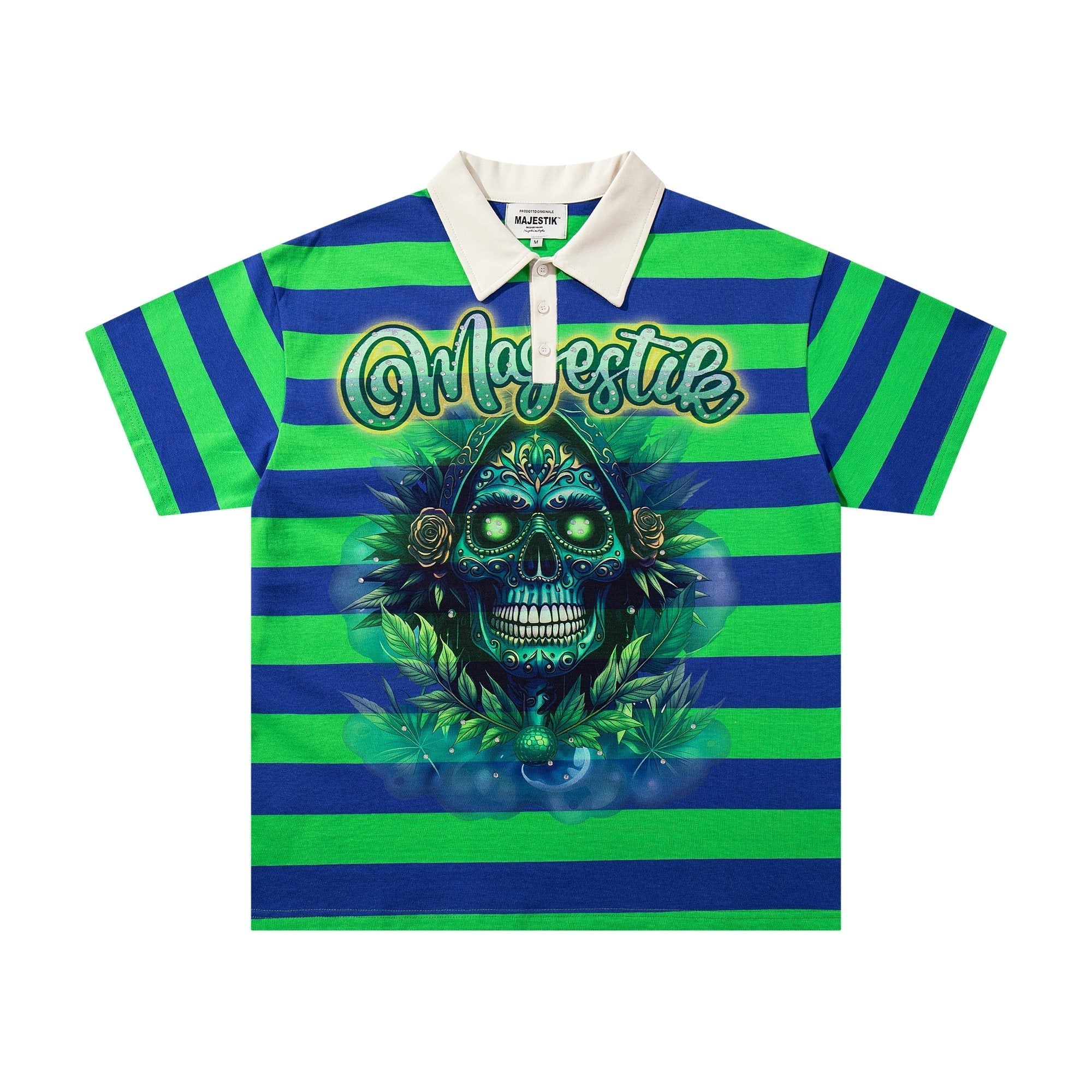 MAJESTIK Green/Blue Striped Skull Graphic Polo Shirt ¡ª hero