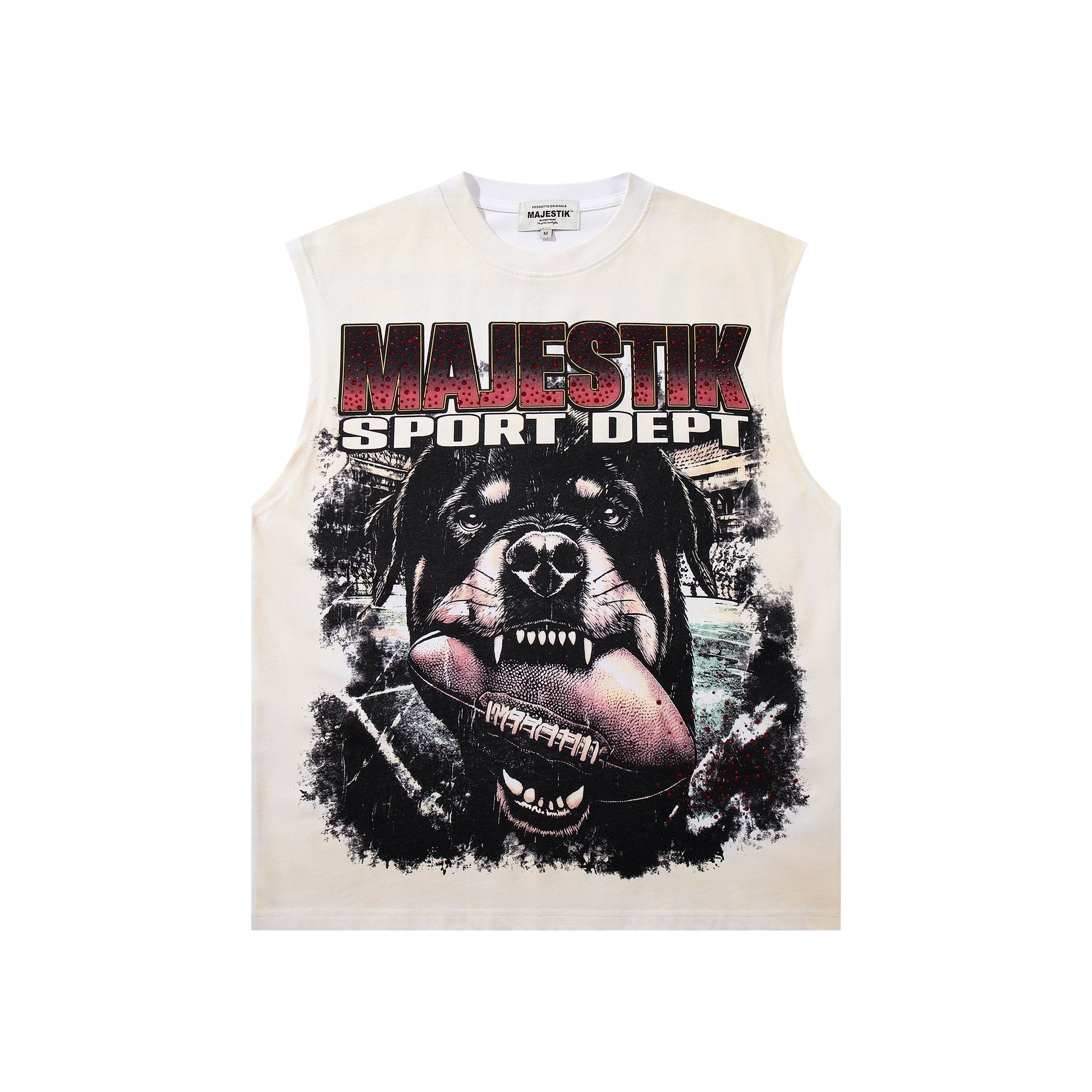 MAJESTIK Cream Distressed Rhinestone Sleeveless T-Shirt ¡ª hero